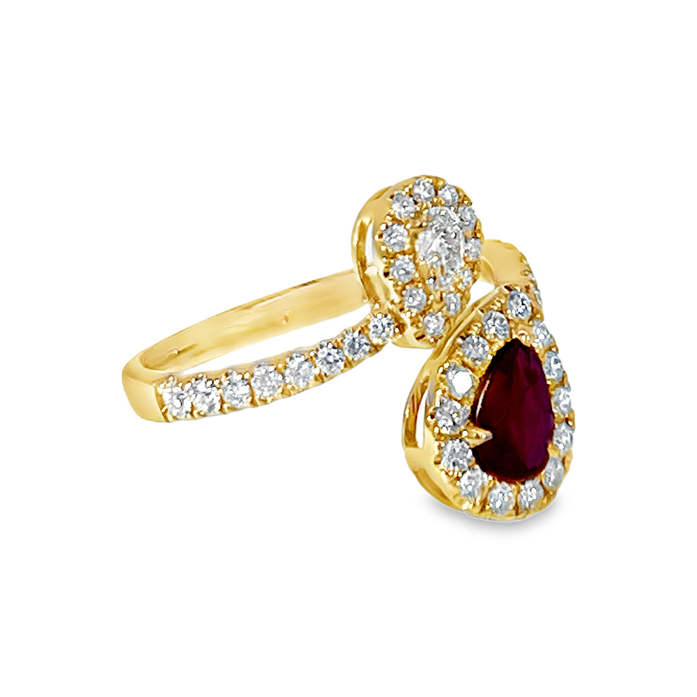 14K Yellow Gold 0.49ct Pear-Shaped Ruby & 0.70 CTW Diamond Bypass Halo Ring