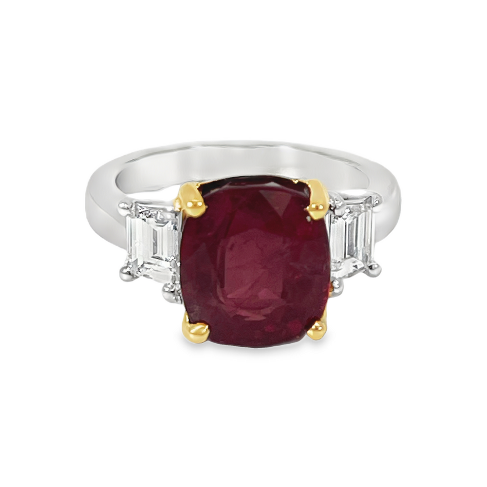 Platinum & 18K Yellow Gold Certified Ruby Ring with Trapezoid Diamonds – 6.80 Carat