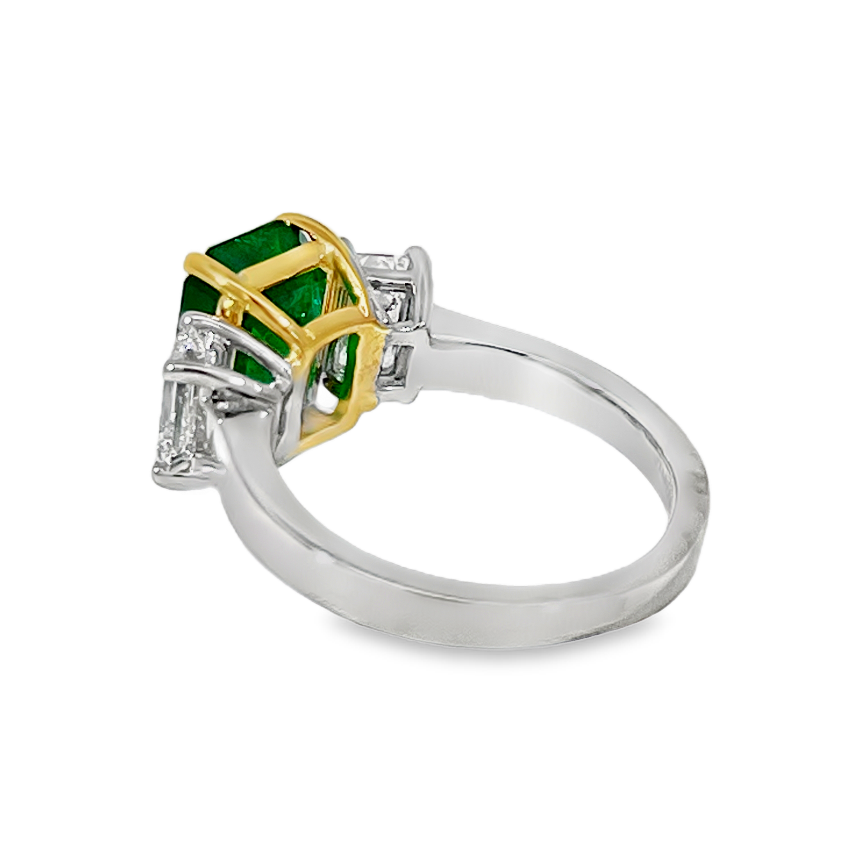 Platinum & 18K Yellow Gold Brazilian Emerald & Diamond Three-Stone Ring | 3.18ct Emerald & 1.52cttw Diamonds