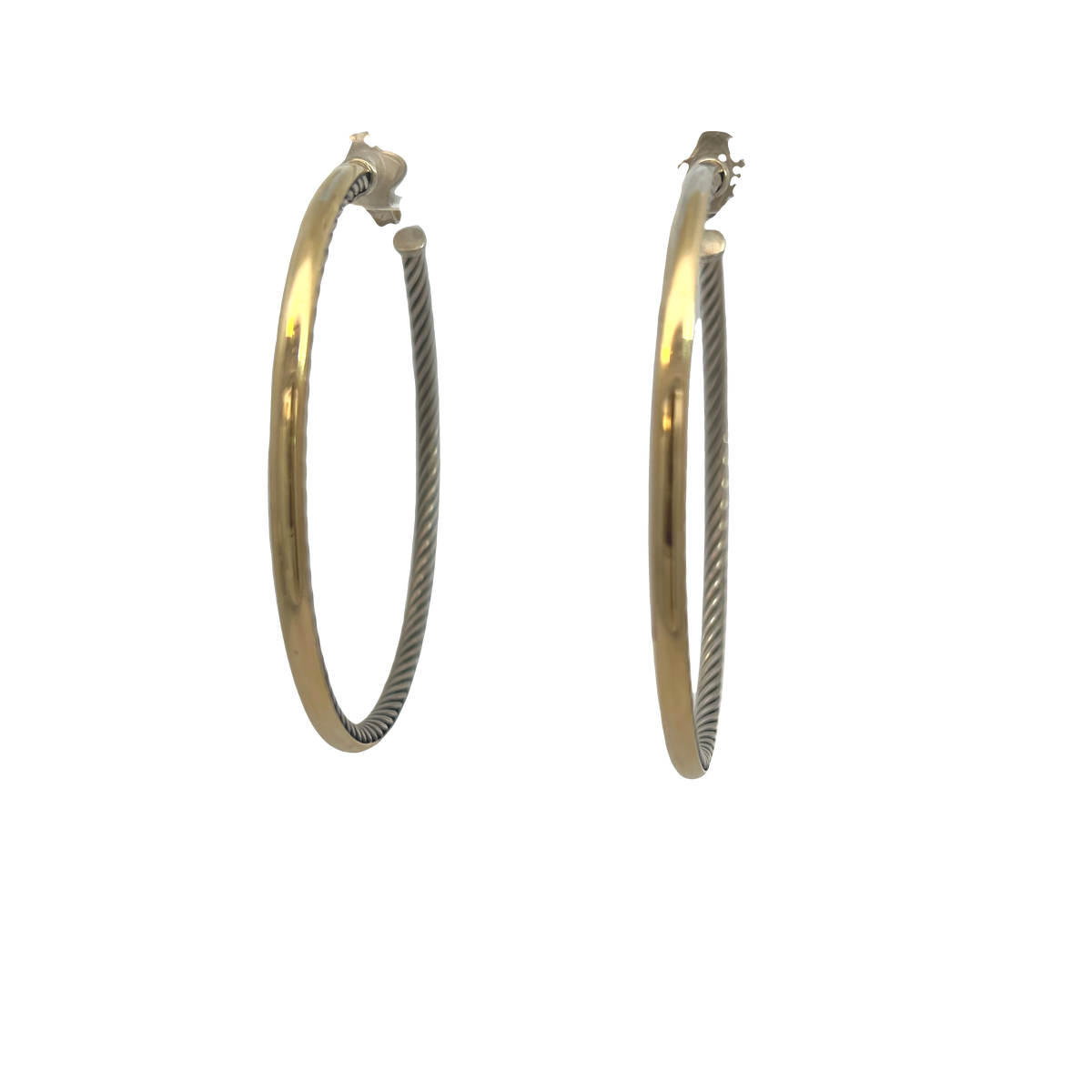 Estate David Yurman Large 2.5" Cable Hoop Earrings in Sterling Silver & 14K Yellow Gold