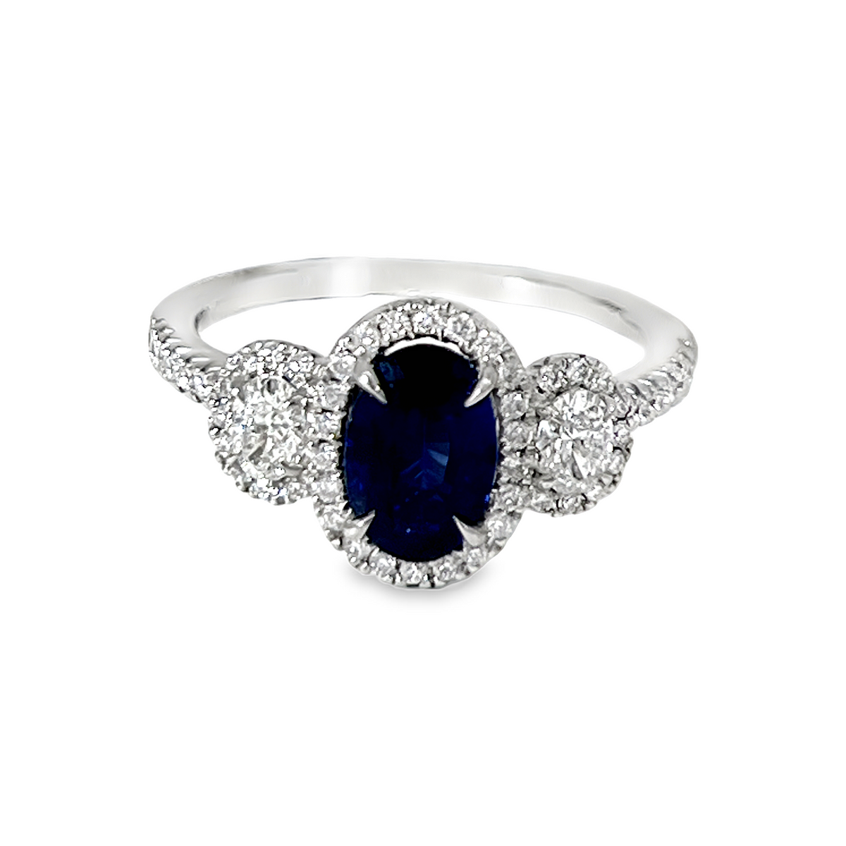 Platinum GIA 1.19ct Natural Blue Sapphire & 0.64 CTW Diamond Three-Stone Halo Ring