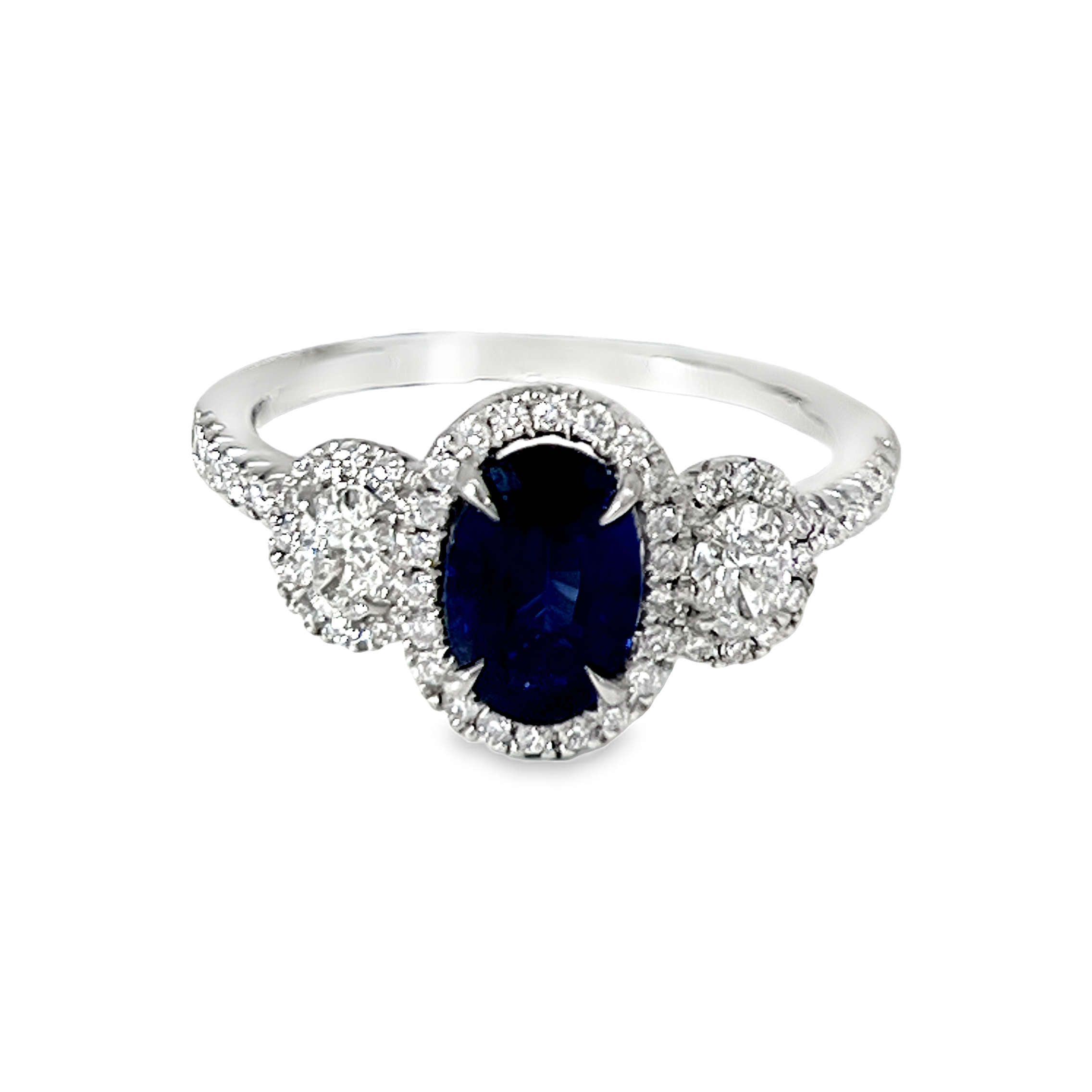 Platinum GIA 1.19ct Natural Blue Sapphire & 0.64 CTW Diamond Three-Stone Halo Ring