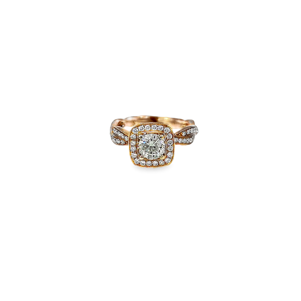 Estate 14K Rose Gold GIA Certified 0.91 Carat Round Brilliant Diamond Halo Engagement Ring