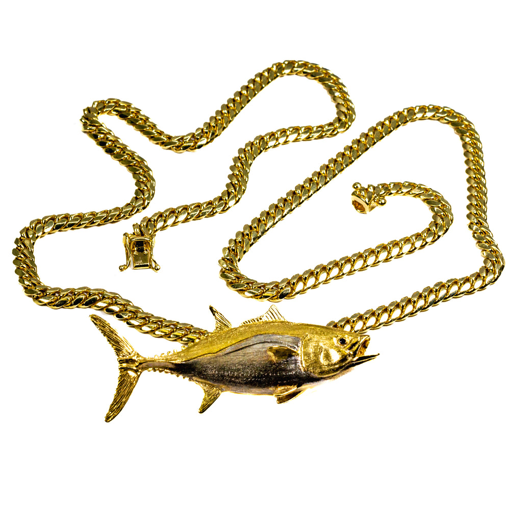 18kt Two Tone Gold Tuna Fish Pendant with 14kt Yellow Gold 24" Small Cuban Link Chain