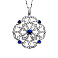 18kt White Gold Blue Sapphire with Diamonds Pendant and Diamond Necklace Set